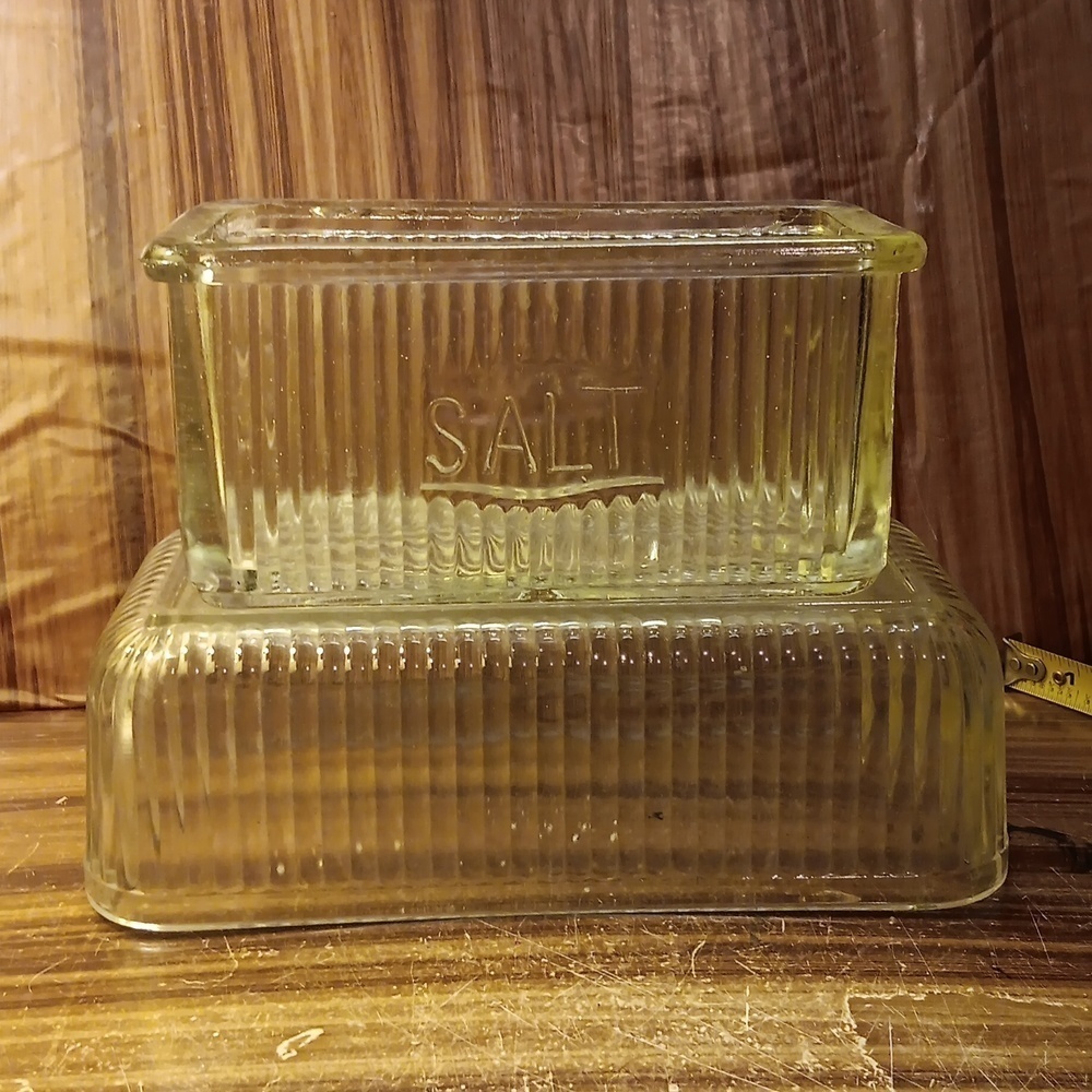 2 vintage mcm Hoosier glass salt boxes